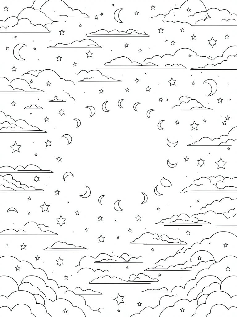 Line art night sky with scattered stars, crescent moons, and clouds.