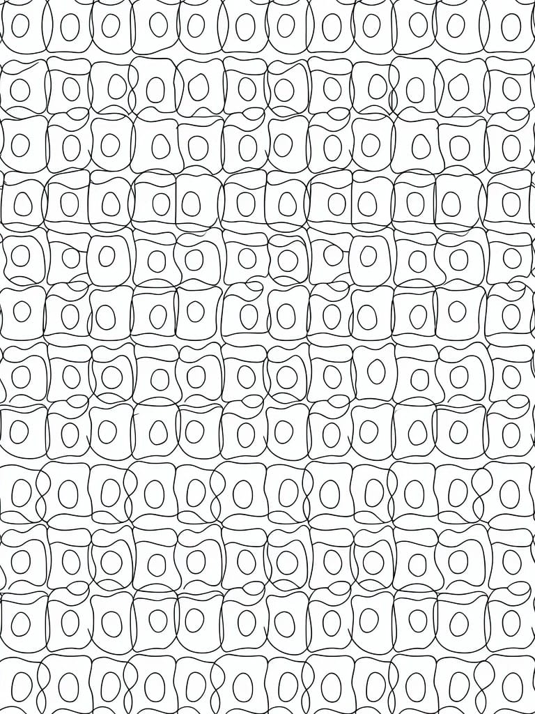 Black and white abstract pattern of interconnected wavy rounded squares with ovals