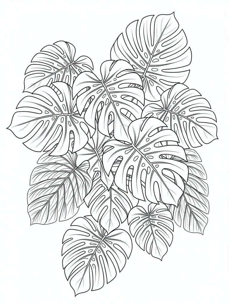 A black and white line drawing of many overlapping monstera leaves with holes and splits.