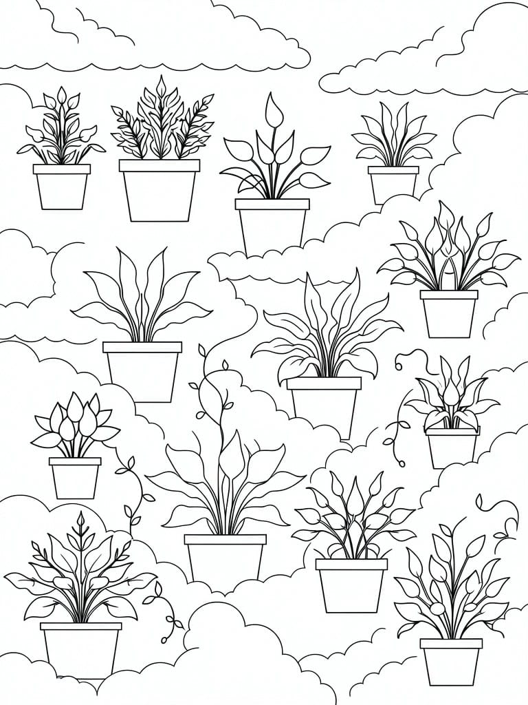 A coloring page shows multiple potted plants with different leaves and flowers floating among cloud outlines.