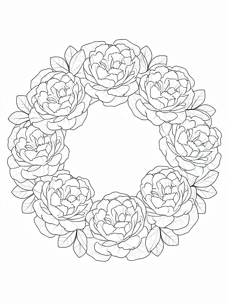A black and white line drawing of a circular wreath made of flowers and leaves.