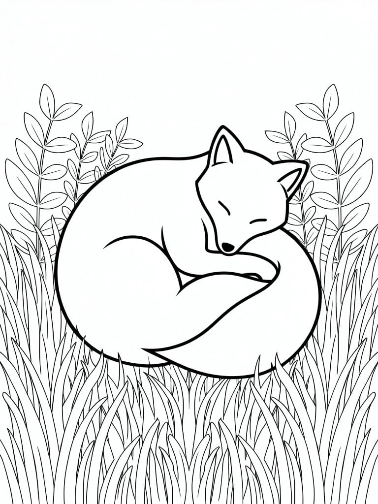 A black and white line drawing of a fox curled asleep in grass with plants on both sides.