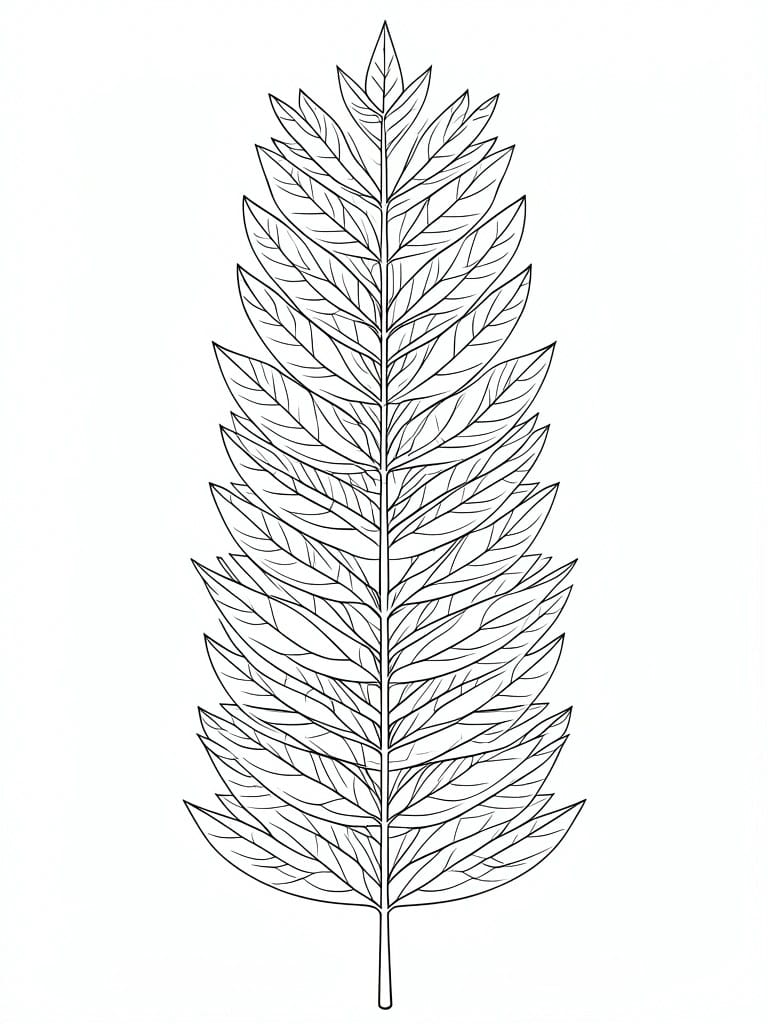 Black and white line drawing of a long pinnate leaf with many leaflets.