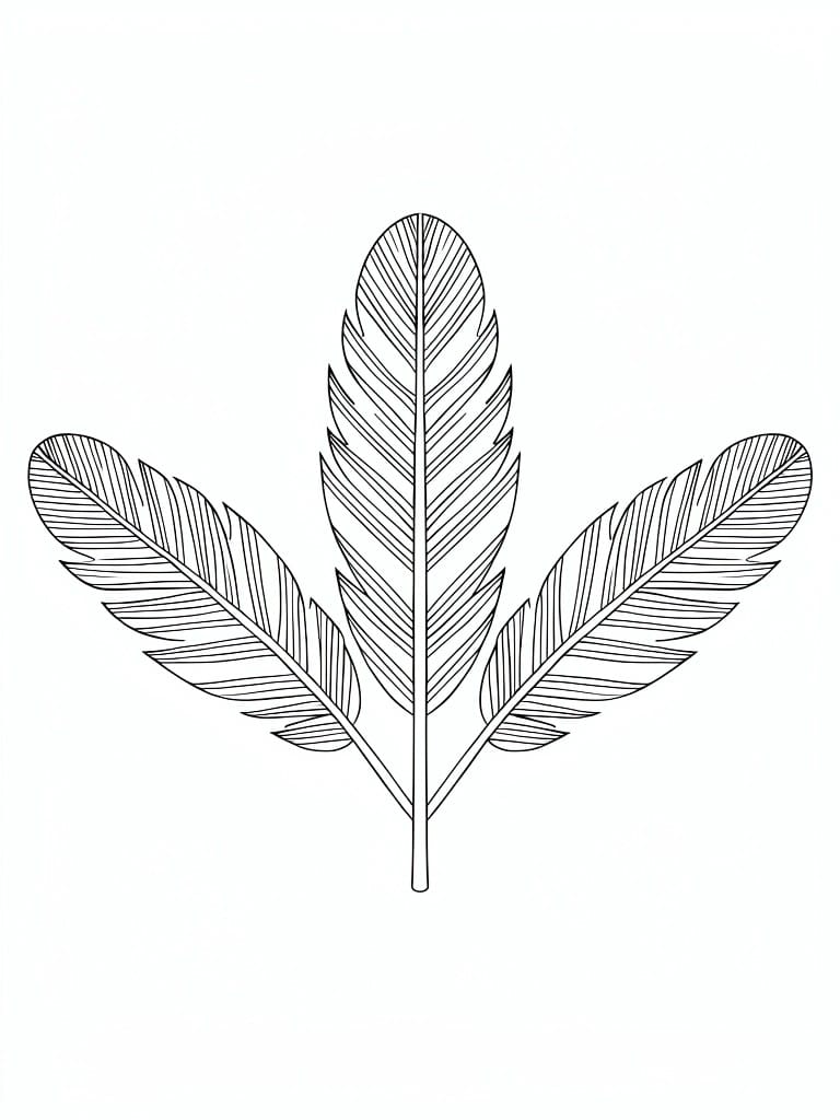 Black and white line drawing of three detailed feathers on a stem.