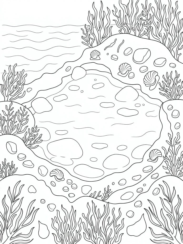 A black and white line drawing of a tide pool showing rocks, shells, seaweed, and water ripples.