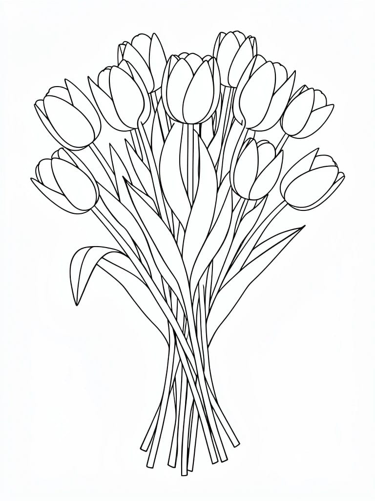 Black and white line drawing of bundled tulips with long stems and leaves.
