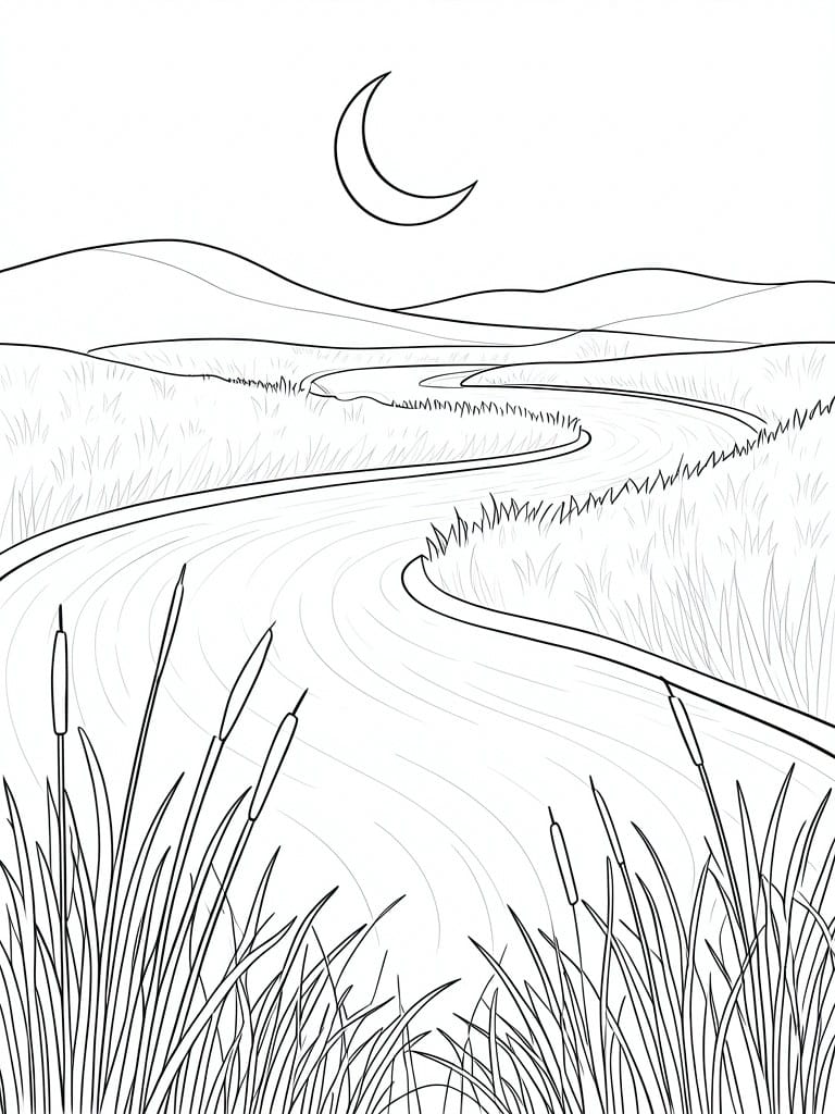 Line drawing of winding river through grassy hills under crescent moon at night.