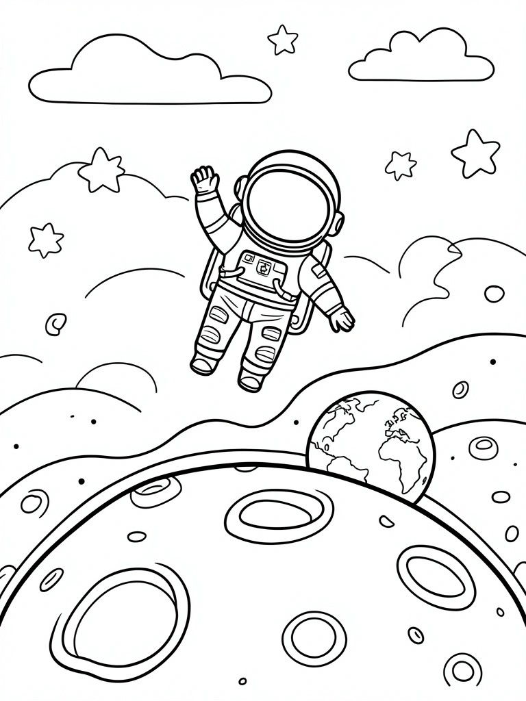 Black and white line drawing of waving astronaut floating in space above moon with Earth nearby