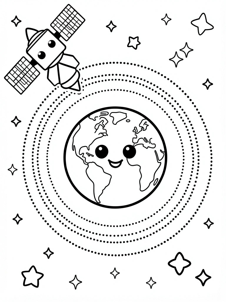 A black and white coloring page shows a cartoon Earth with a smiling face, a satellite above it, dotted orbit lines, and stars scattered in the background.