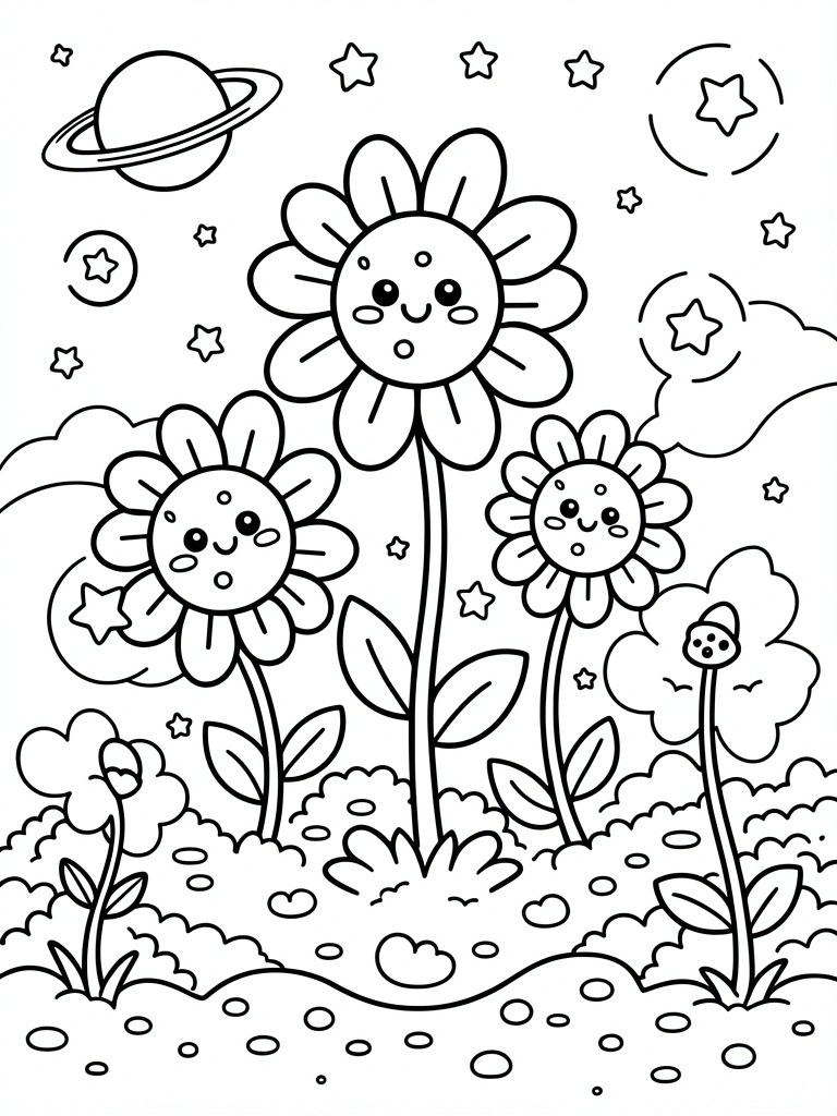 Coloring page of three smiling cartoon flowers under starry sky with planet.