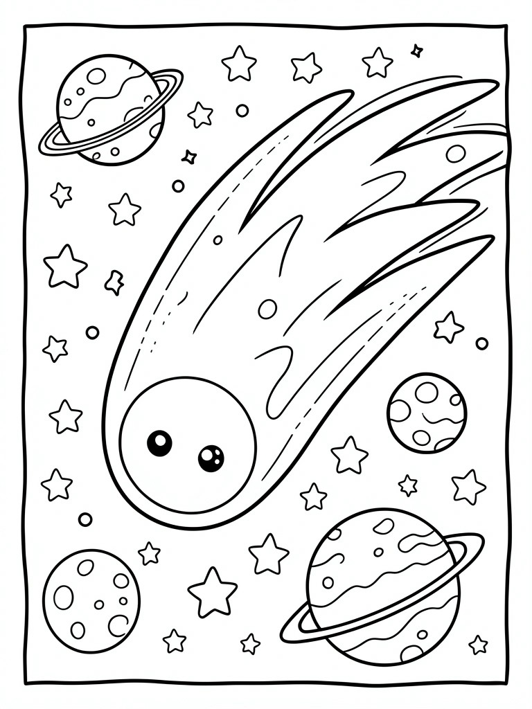 Coloring page with planets, stars, comet, and cartoon-faced celestial body.