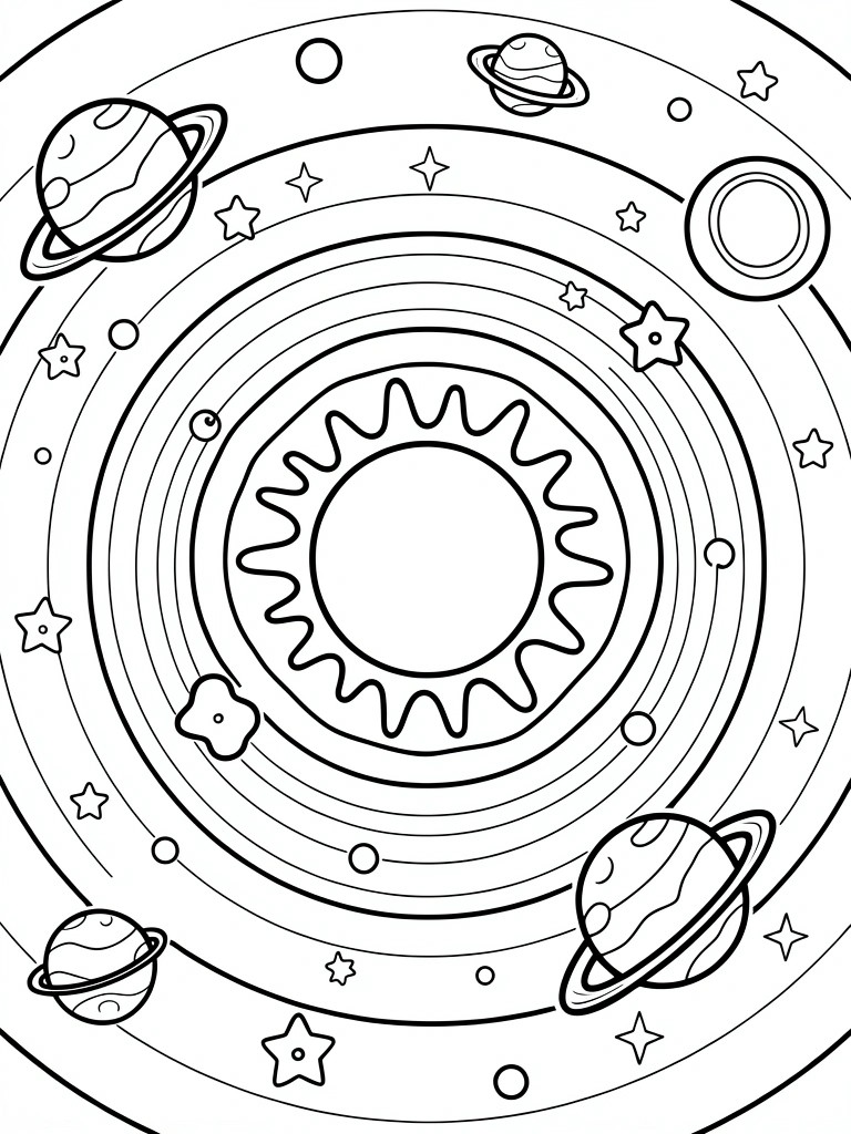 Coloring page of solar system with central sun, ringed planets, stars, and orbits.