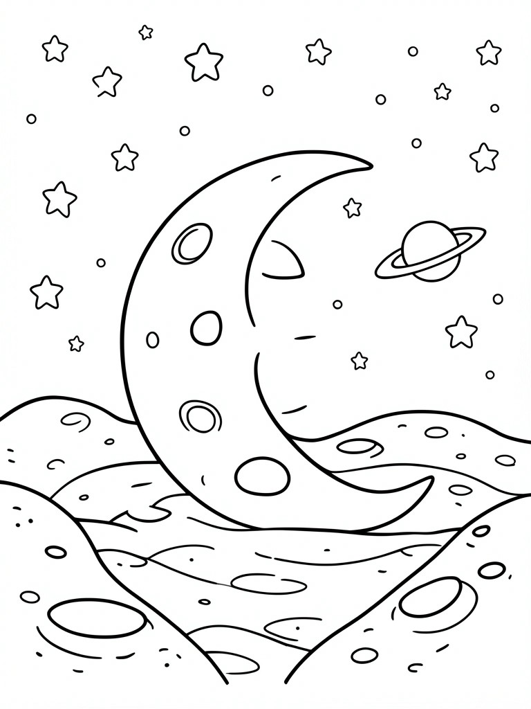 A black and white line drawing shows a large crescent moon with craters, scattered stars of different shapes, a ringed planet in the upper right, and a cratered rocky surface across the bottom.