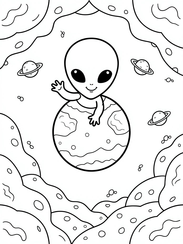 Cartoon alien waving from a planet amid stars and ringed planets in space