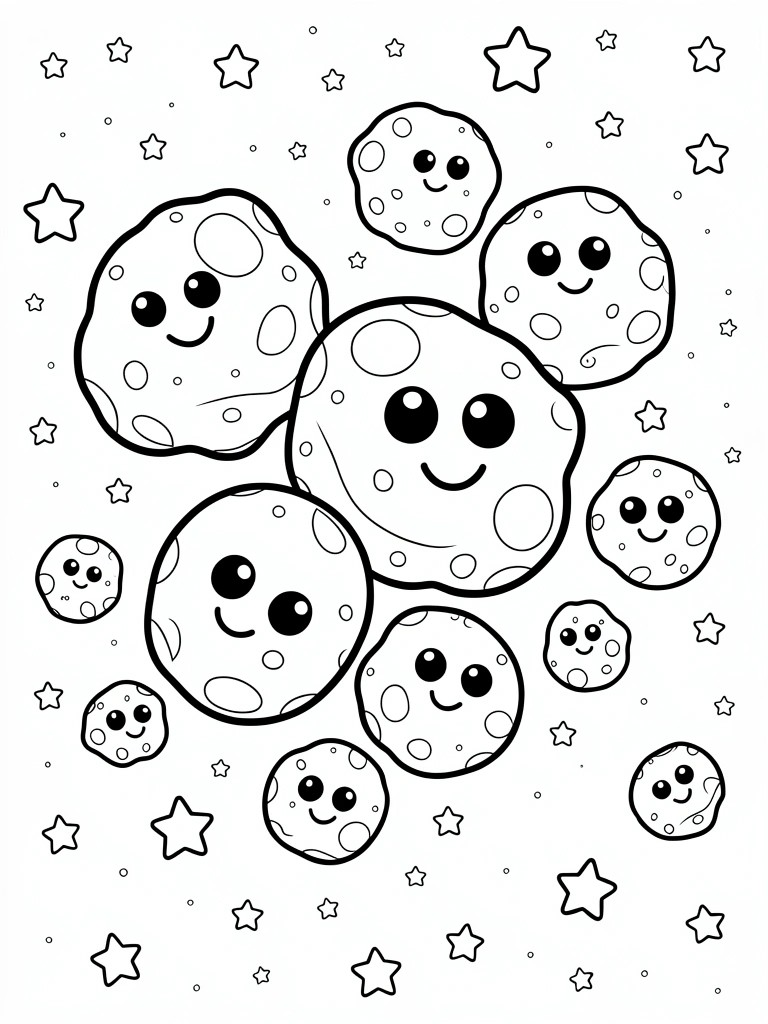 Coloring page of cute cartoon moons with faces and scattered stars.