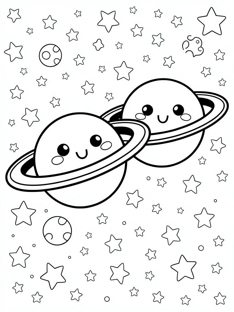 Two cute cartoon planets with faces and rings amid stars and smaller planets