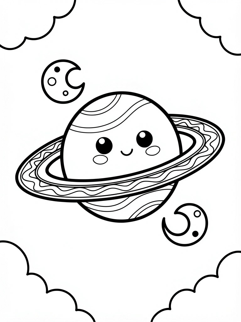 Kawaii cartoon Saturn with smiling face, rings, crescent moons, and clouds.