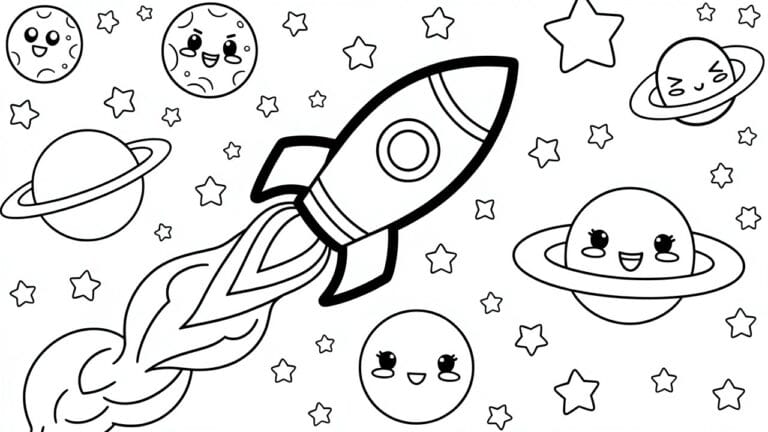 Coloring page of rocket launching past smiling moon, stars, and ringed planet.