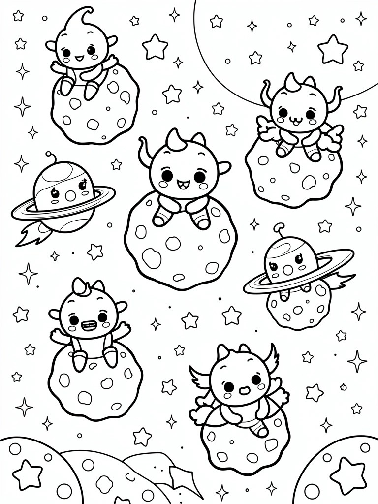 Black and white coloring page with several cute horned and winged cartoon characters sitting on asteroid shapes, plus planets, stars, and a large crescent moon.