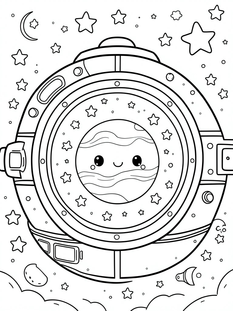 Smiling cartoon planet inside astronaut helmet amid stars, moon, and spaceship elements