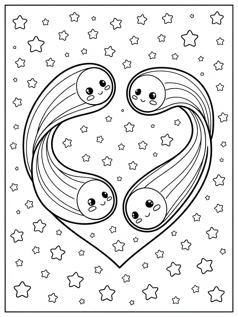 Four cute planets with faces and trails forming a heart amid stars line art