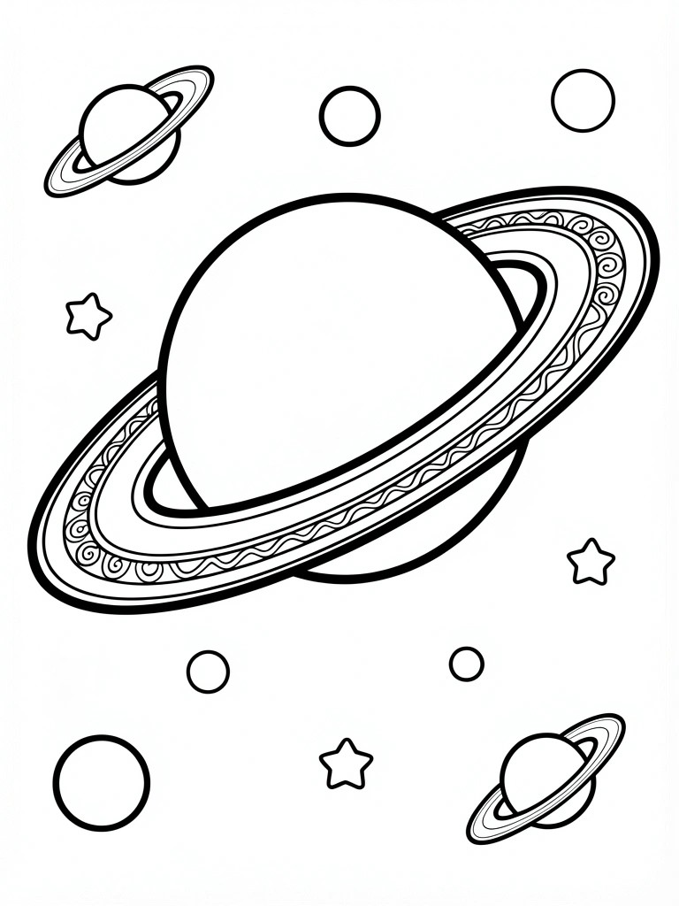 Black and white line drawing of a large ringed planet with patterned rings, a smaller ringed planet, scattered circles, and stars on a white background.