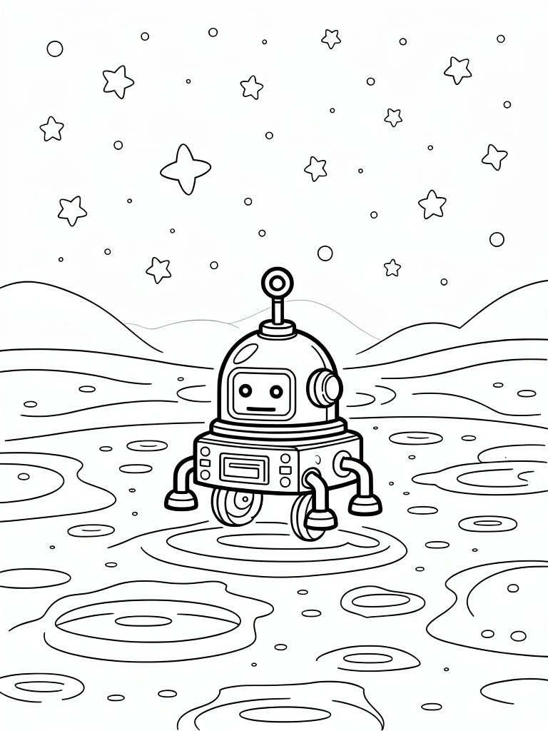 A line drawing of a cartoon robot with wheels on a cratered surface under a starry sky.