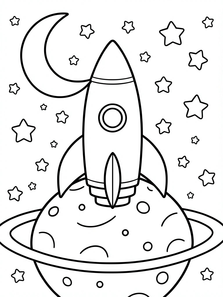 Coloring page of rocket launching from ringed planet with stars and crescent moon
