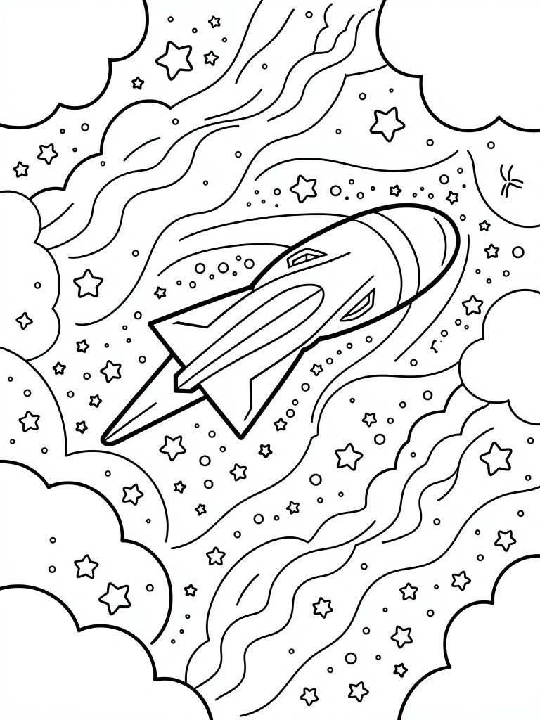 A black and white line drawing of a rocket ship in space surrounded by stars and wavy background shapes.