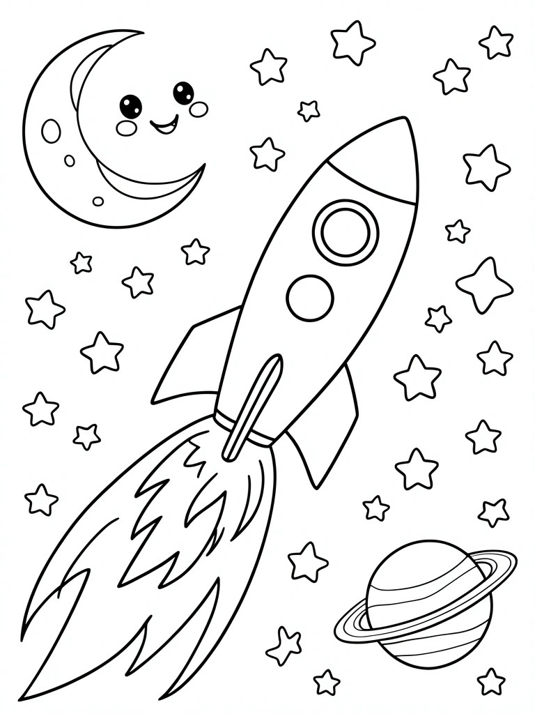 Coloring page of rocket launching past smiling moon, stars, and ringed planet.