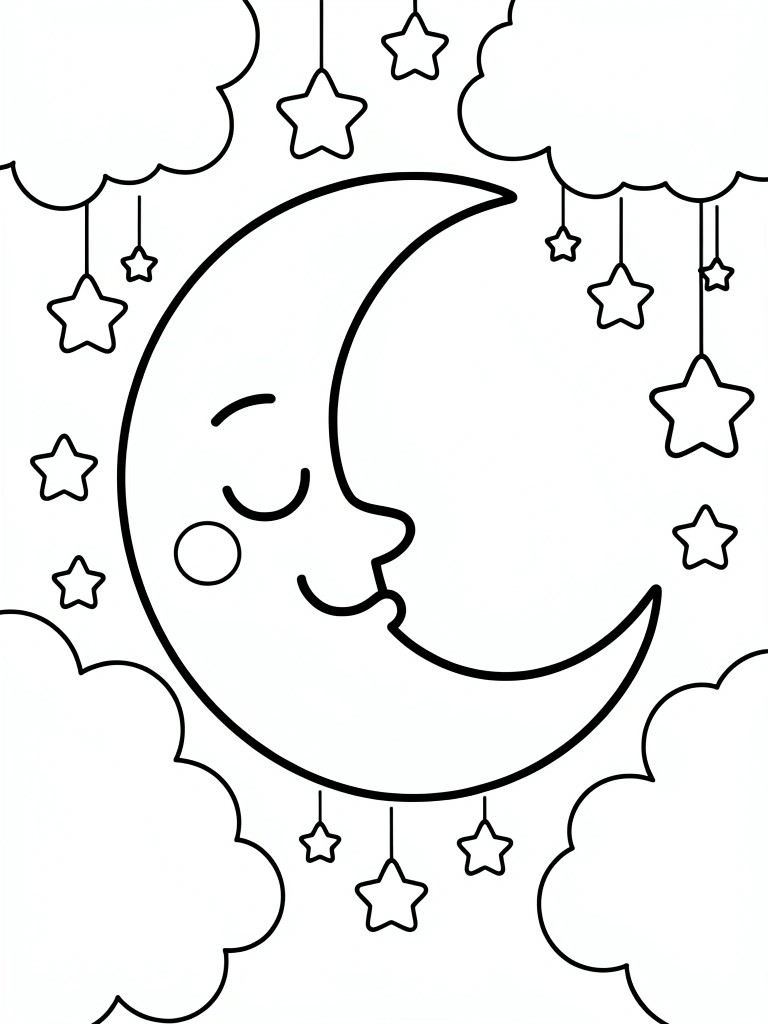 Coloring page of a crescent moon with a face, surrounded by clouds and stars hanging from lines.