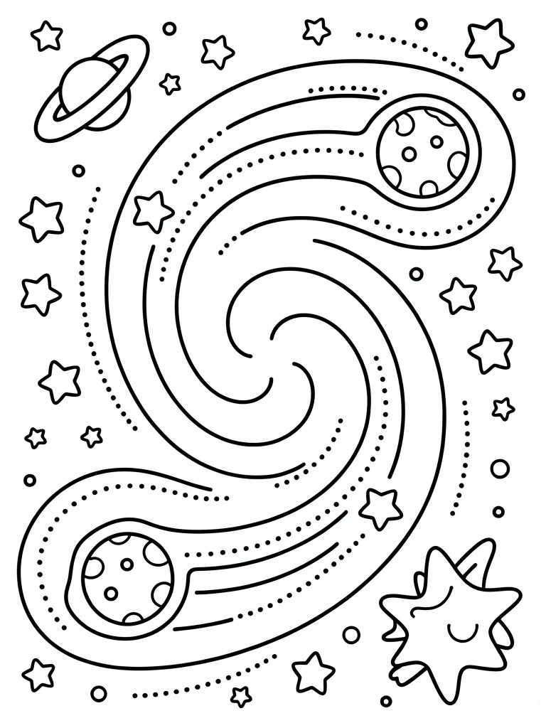 A black and white line drawing of a space scene with a large spiral path, planets along the curves, and stars scattered throughout.