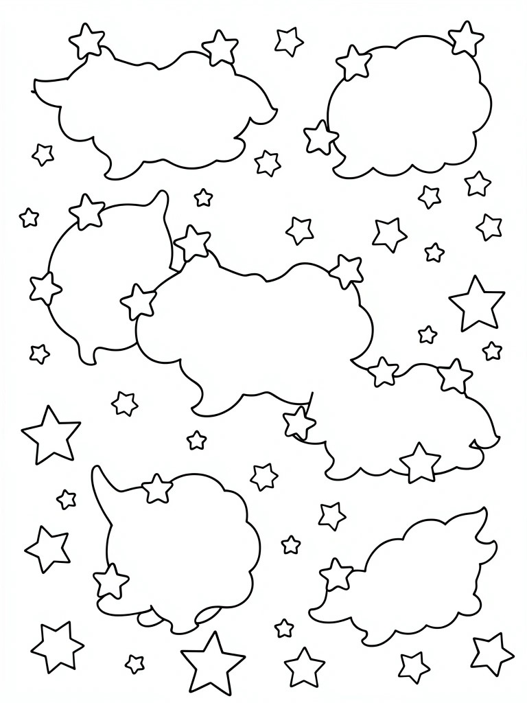 Line art of fluffy clouds and scattered stars in black outlines.