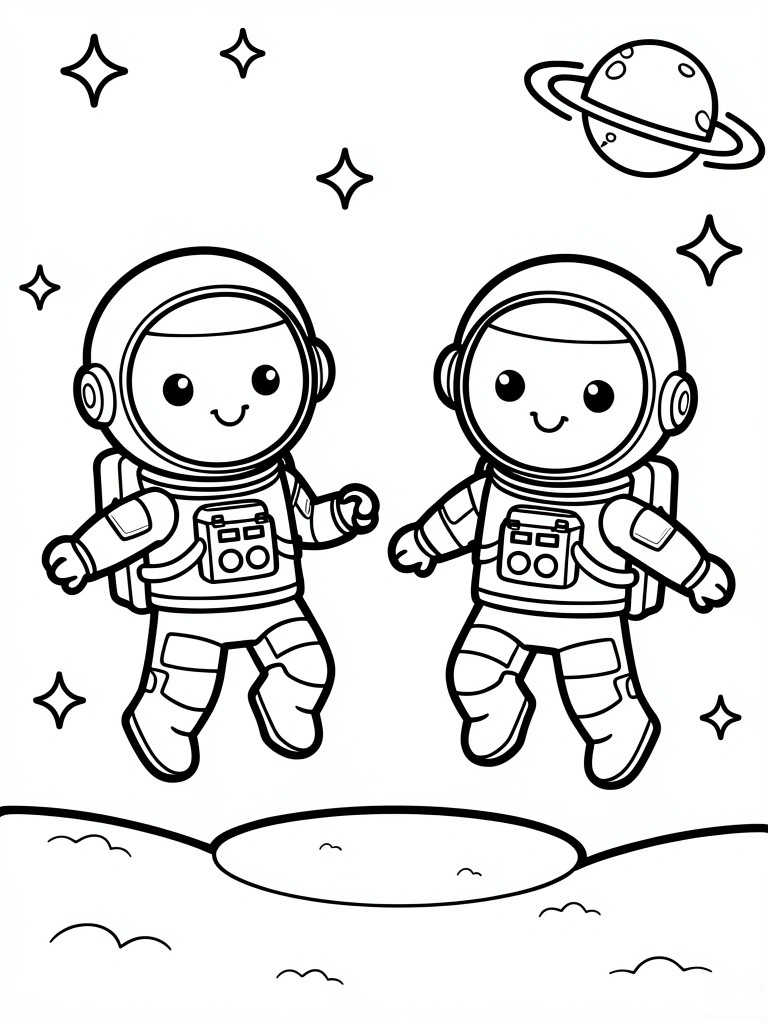 Two cartoon astronauts stand on a cratered surface with a ringed planet and stars in the background.