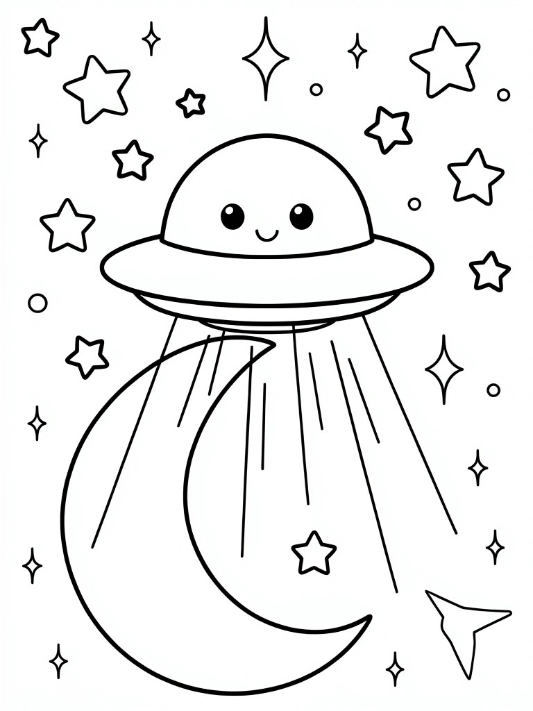 Cute cartoon UFO with smiling face above crescent moon amid stars