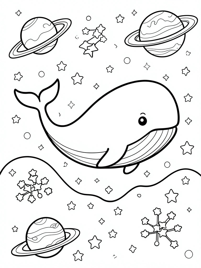 Cartoon whale floating in space amid ringed planets, stars, and snowflakes coloring page