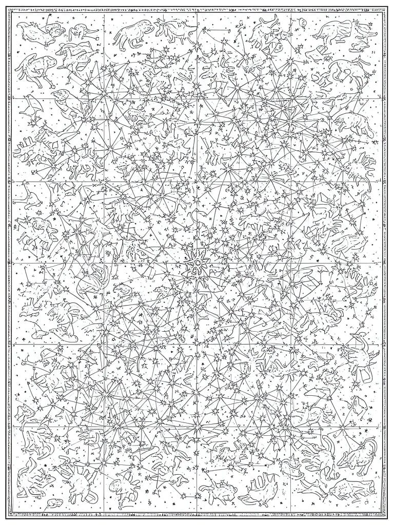 Black-and-white celestial map with animal constellations outlined by connected stars.