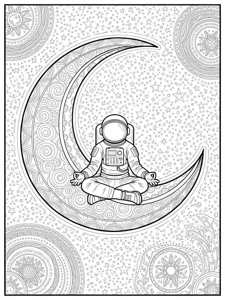 A coloring page shows an astronaut meditating on a crescent moon with stars and ornate circular patterns in the background.