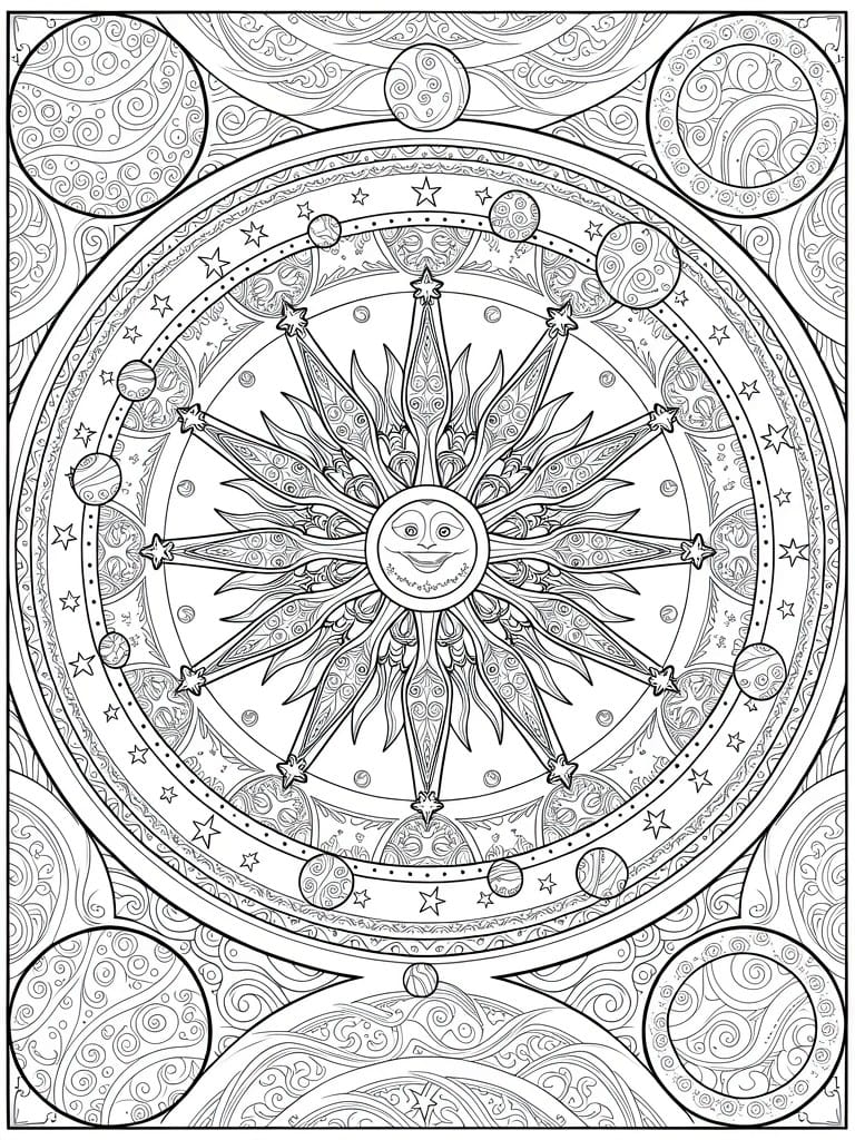 Detailed line art of smiling sun with rays amid stars and planets in circles