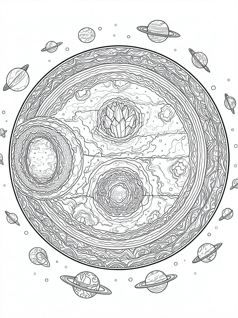 Black and white line art of planetary mandala with crystals, rings, and orbiting planets