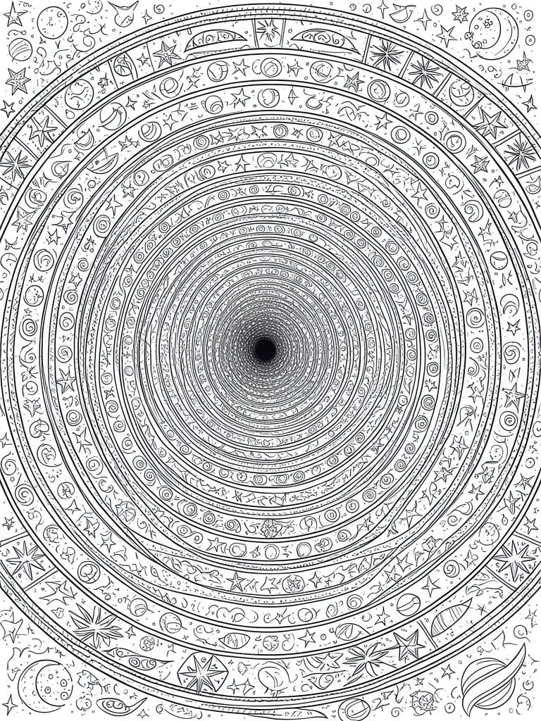 Intricate black-and-white mandala of concentric celestial rings with stars, moons, and planets.