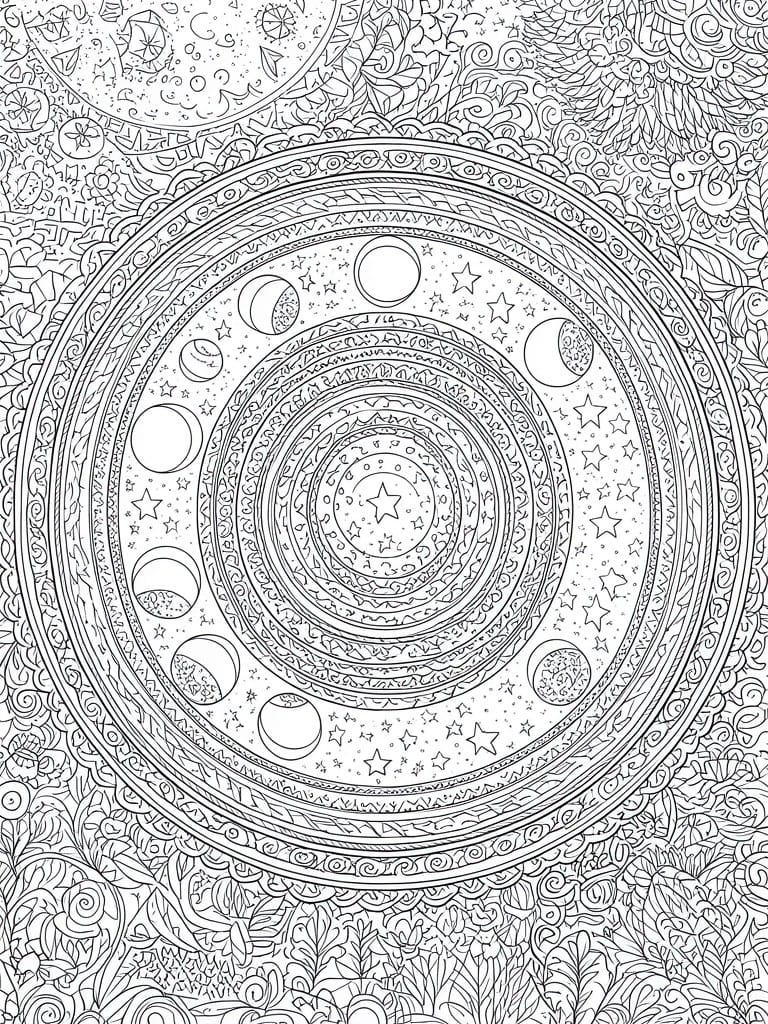 Celestial mandala with moon phases, stars, and intricate floral patterns in black and white