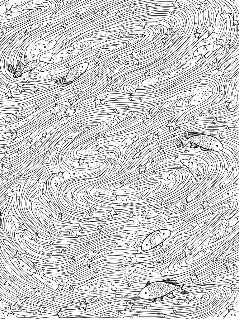 A black and white coloring page showing multiple fish swimming among swirling lines, stars, and dots in a space-like background.