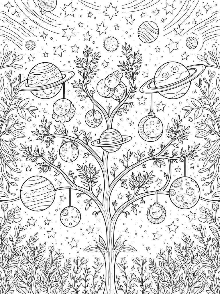 A black and white line drawing of a tree with planets hanging from its branches in a starry background.