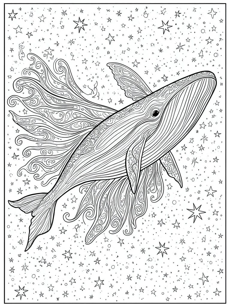 A black and white coloring page shows a large whale covered in swirls and lines floating through a background filled with many stars.