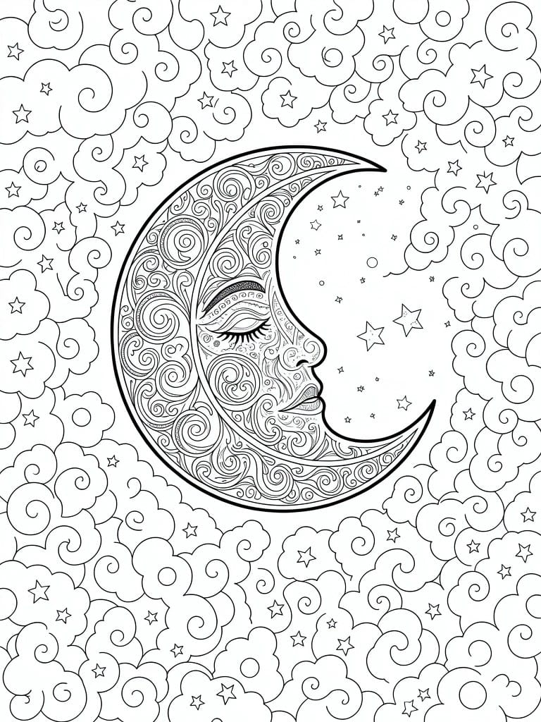 Ornate crescent moon with sleeping face amid stars and swirling clouds