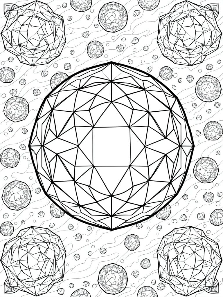 Coloring page of large faceted sphere amid smaller geometric orbs on wavy background