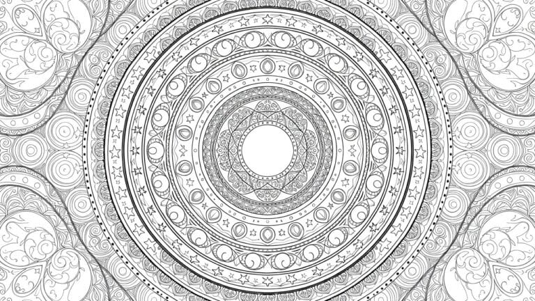 25 Dreamy Space Coloring Pages for a Cosmic Escape Celestial mandala with moon phases, stars, and intricate floral patterns in black and white