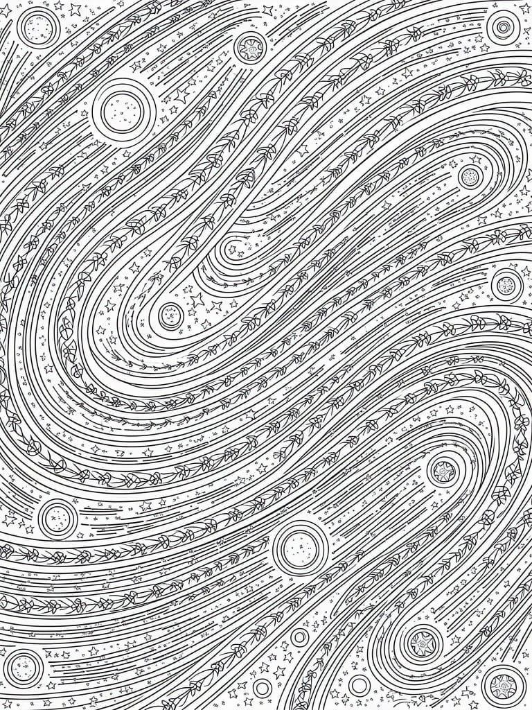 Black and white space coloring page with winding trails, stars, and circular planets.