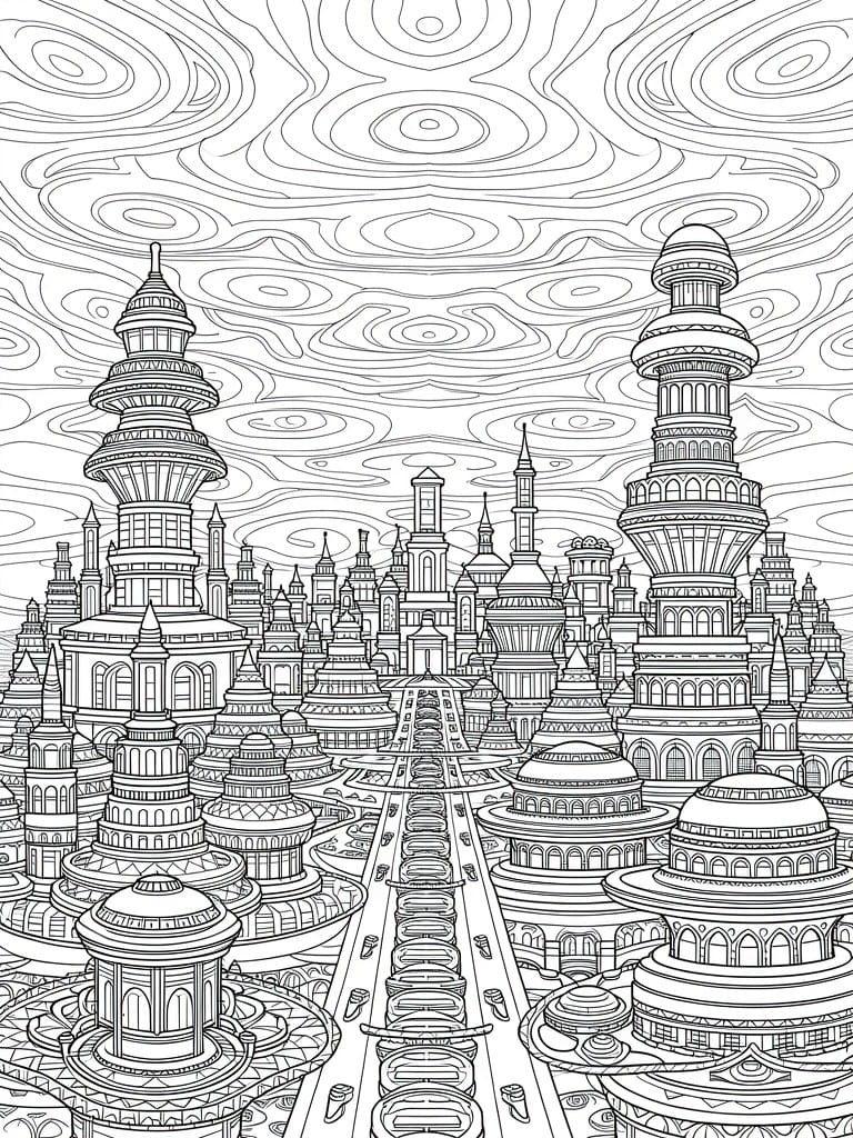 Intricate line art of a futuristic city with ornate towers and swirling skies.